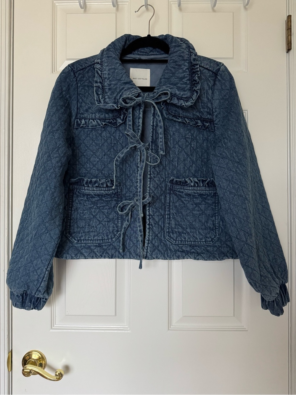 Anthropologie Avec Les Filles Maura Quilted Blue Denim Bow Tie-Front Jacket